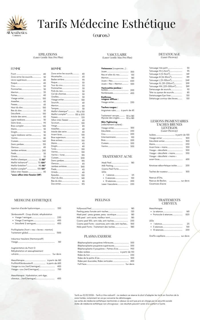 Tarifs Médecine esthétique Cannes - Centre médecine esthétique All Aesthetics